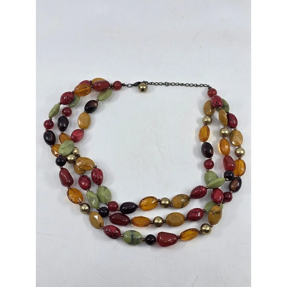 Multilayer Bead Necklace and Earring Set Earth Tones Green Orange Gold Tone